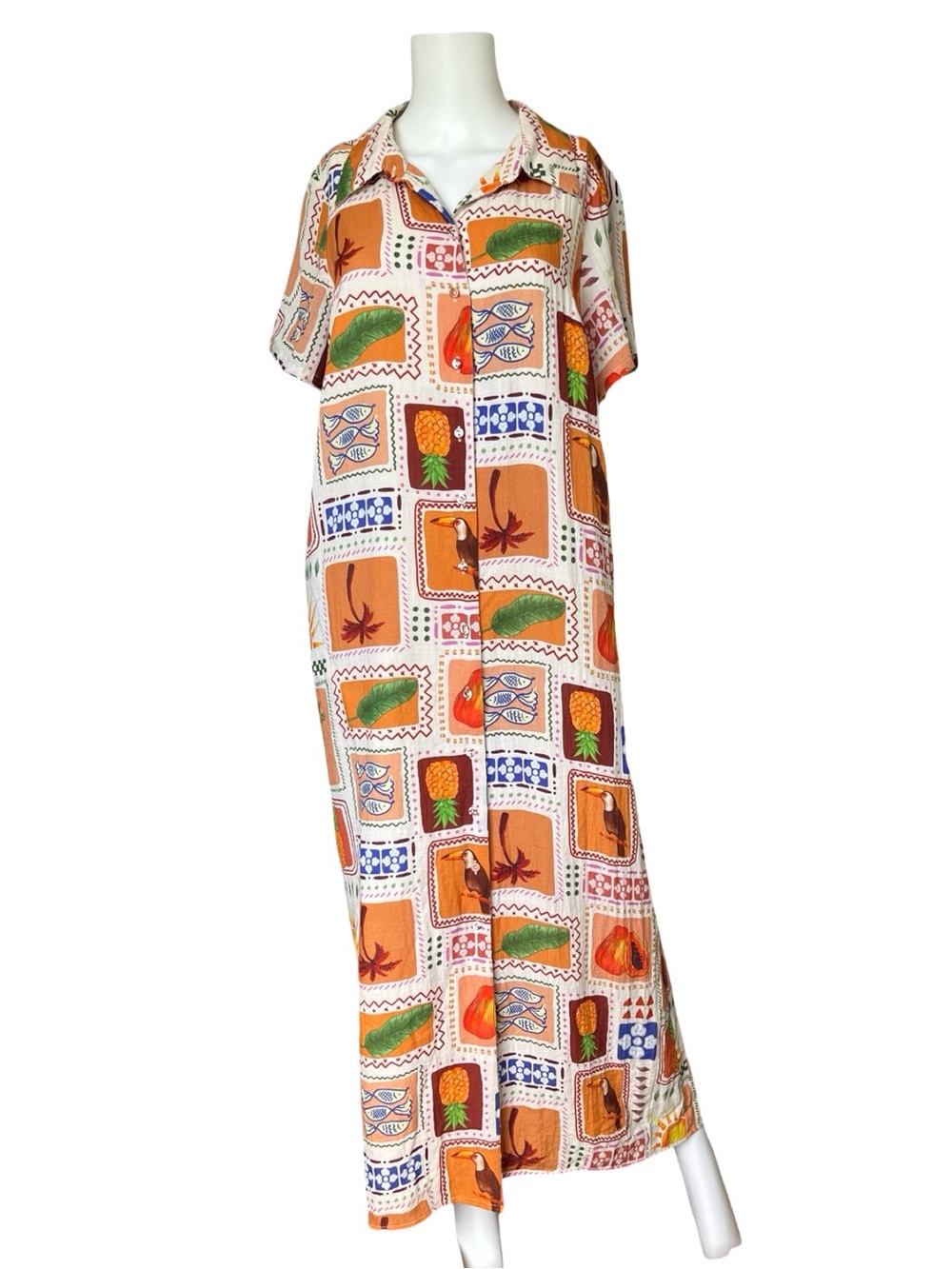 Ciebon Button Front Shirt Dress Tropical Island Fruit Toucan Colorful Size Small
